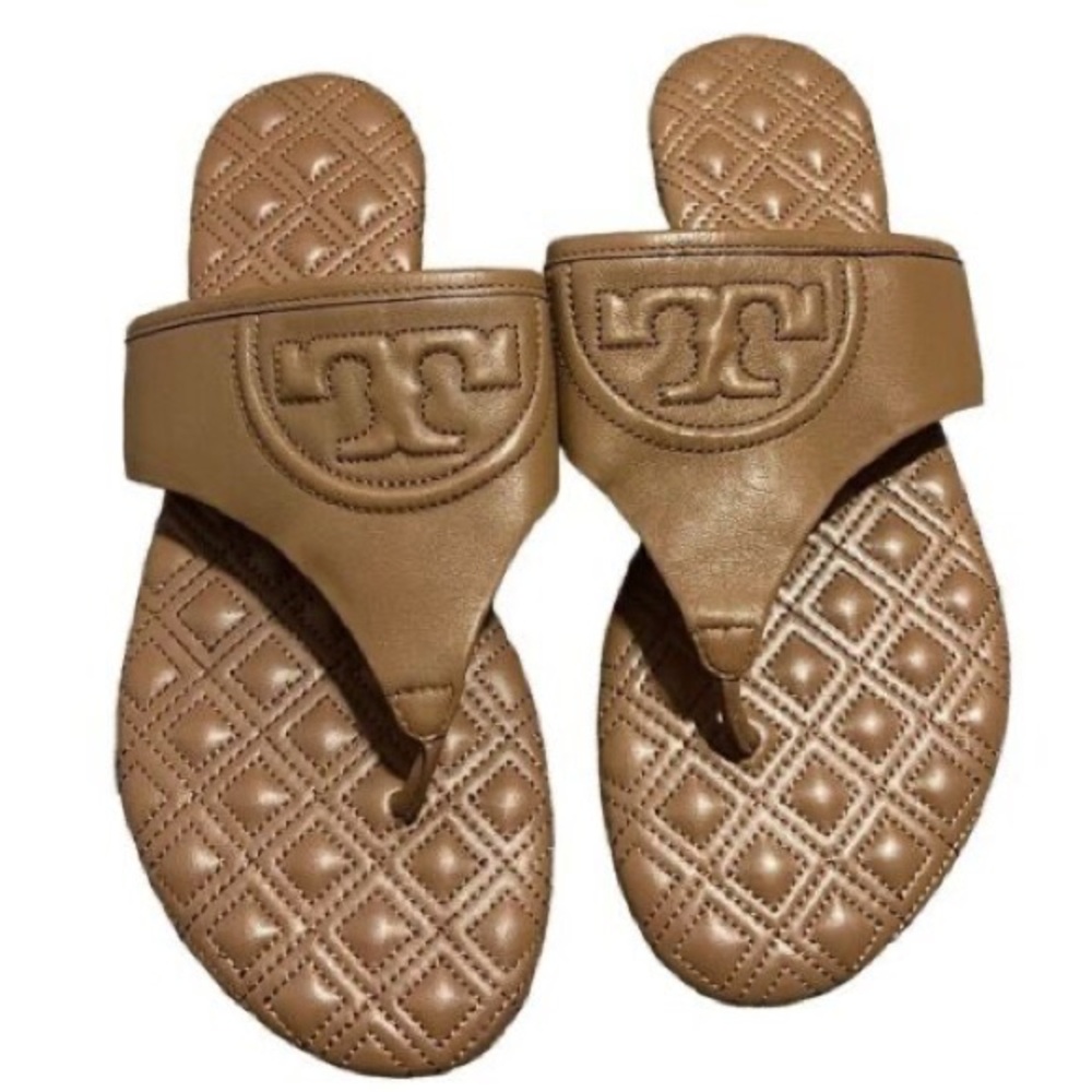 Tory Burch Tan Leather Brown Quilted Fleming Flat Thong Sandals